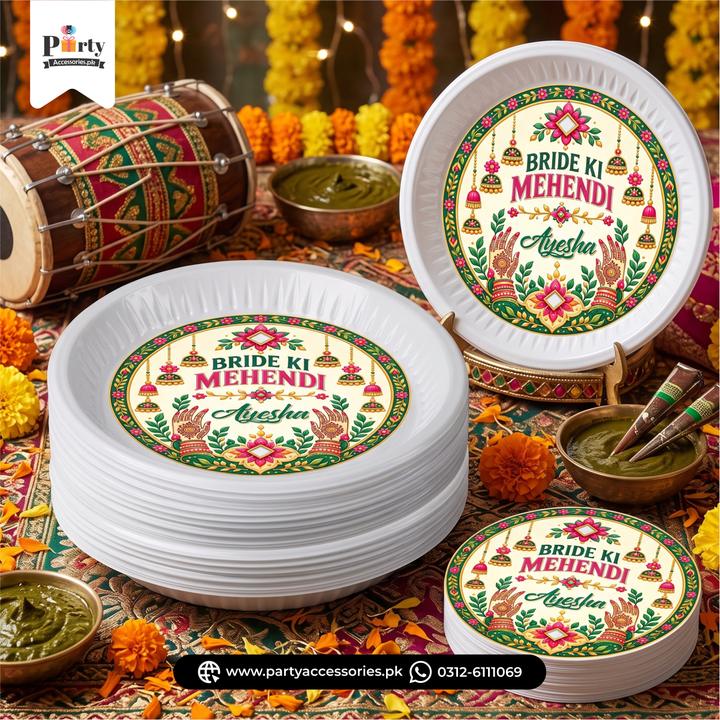 Mehendi Theme Disposable Plates with Sticker Labels (Pack of 6)