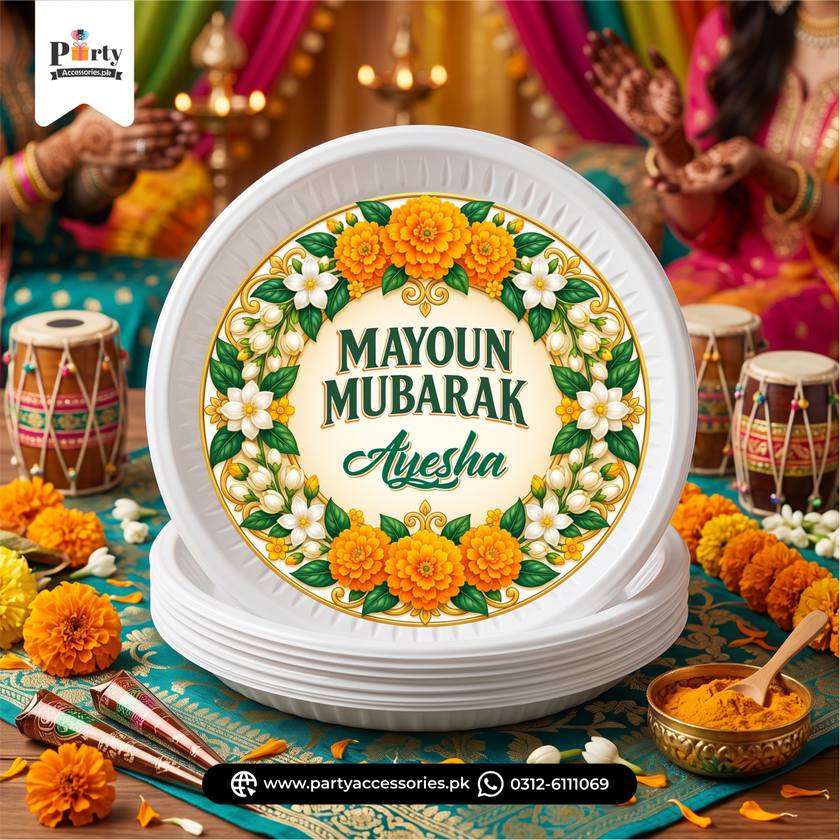 Mayoun Theme Disposable Plates with Sticker Labels – Wedding Party Decoration 