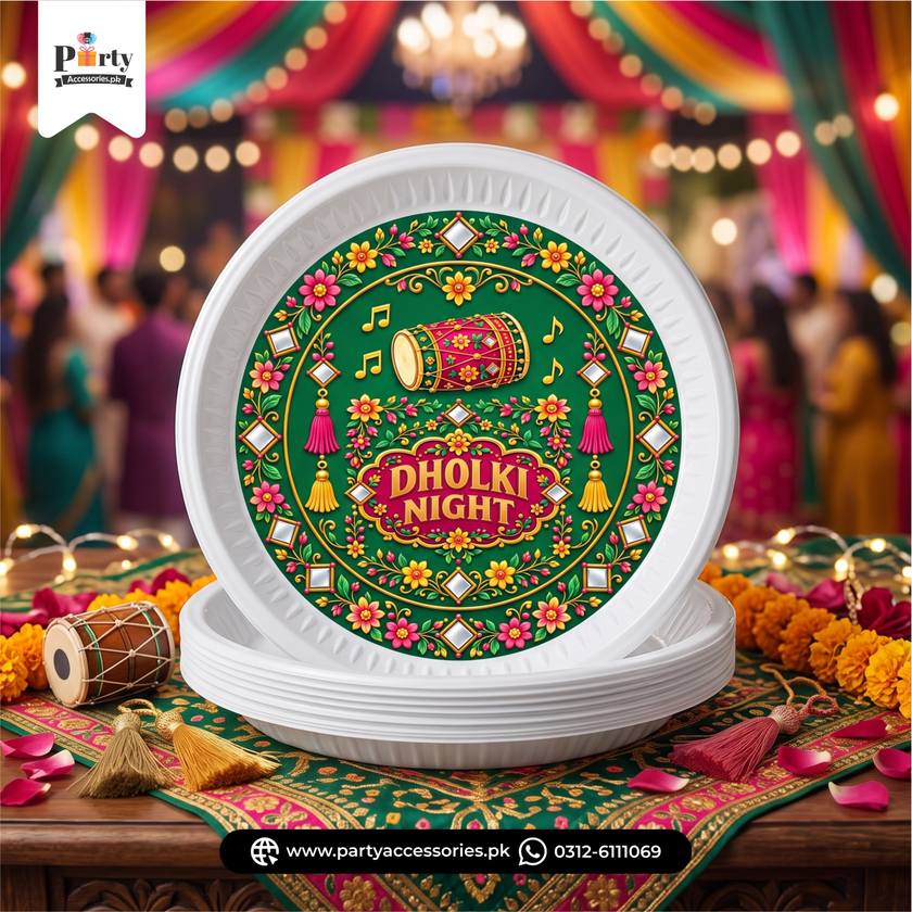 Dholki Theme Disposable Plates with Sticker Labels