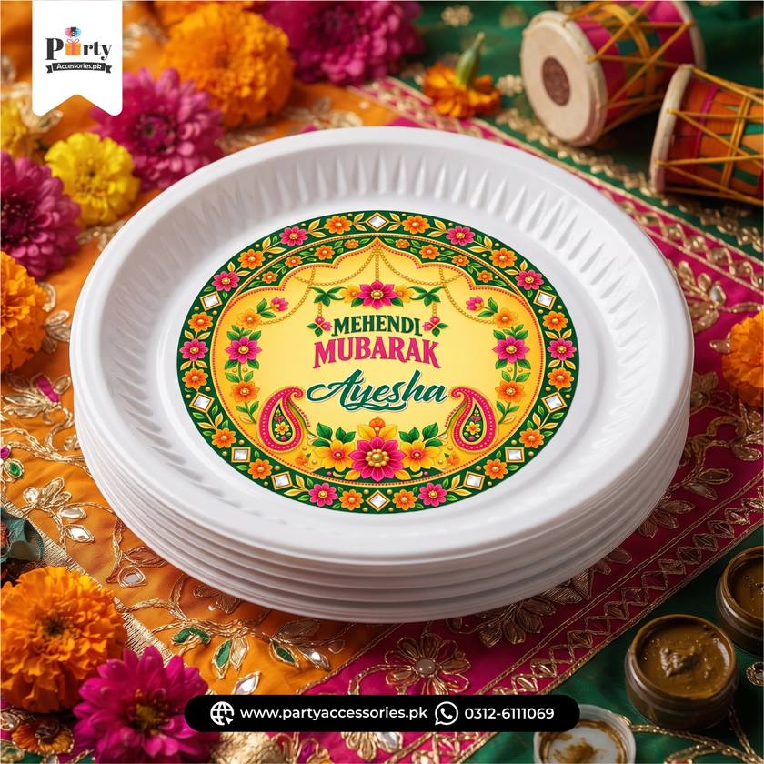 Mehendi Theme Disposable Plates with Sticker Labels (Pack of 6)