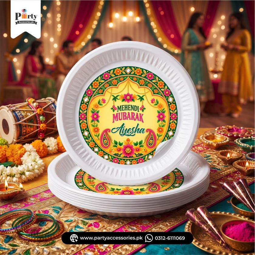Mehendi Theme Disposable Plates with Sticker Labels (Pack of 6)