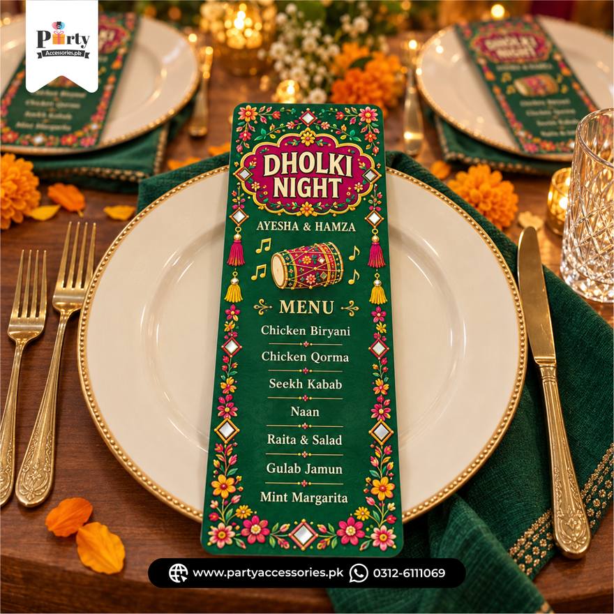 Dholki Theme Customized Menu Cards – Table Decoration