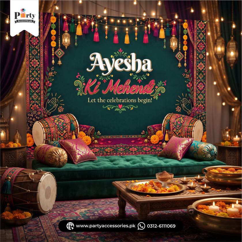 Customized Mehndi Theme Wall Backdrop – Wedding & Mehndi Party Decoration