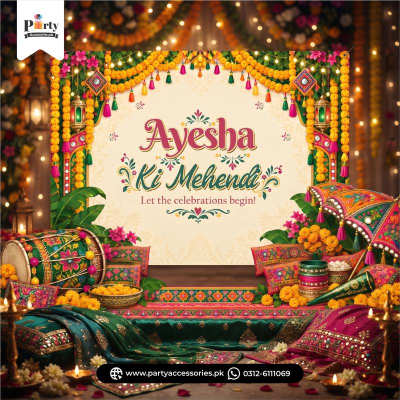Customized Mehndi Theme Wall Backdrop – Wedding & Mehndi Party Decoration