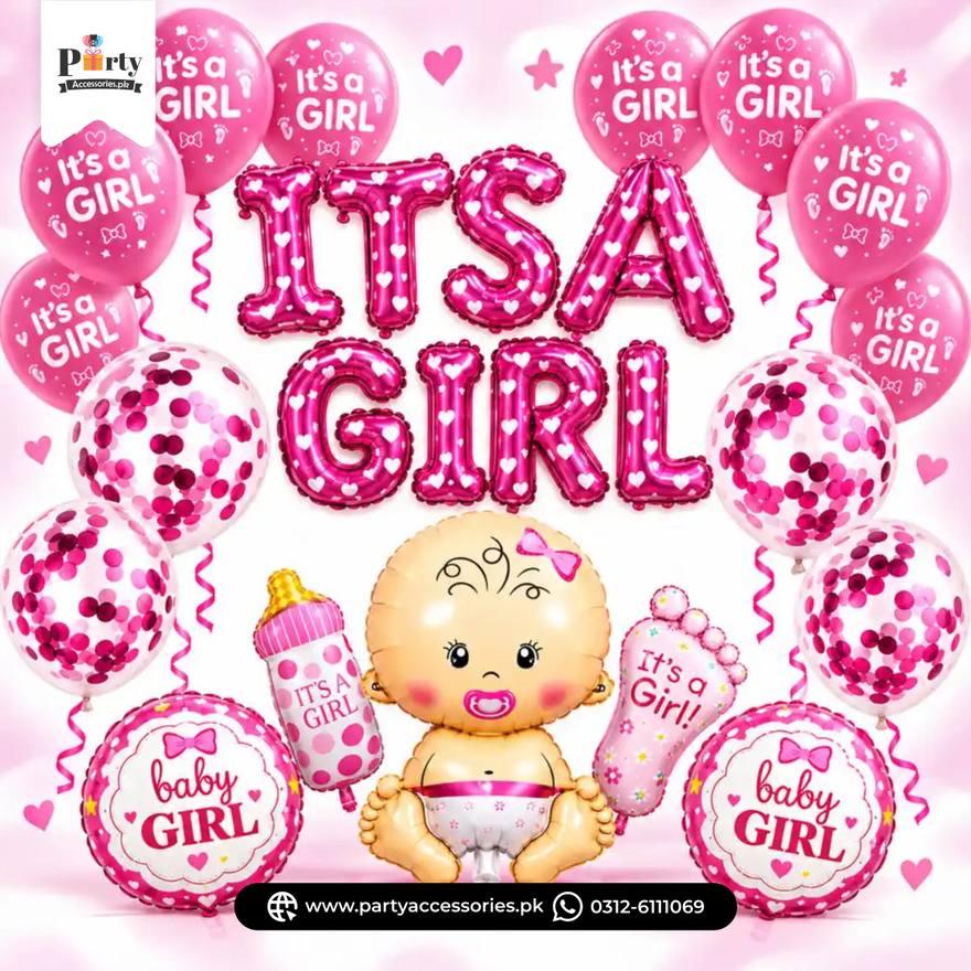 It's A Girl Balloon Decoration Set – Pink Theme Welcome Baby Party Décor Kit