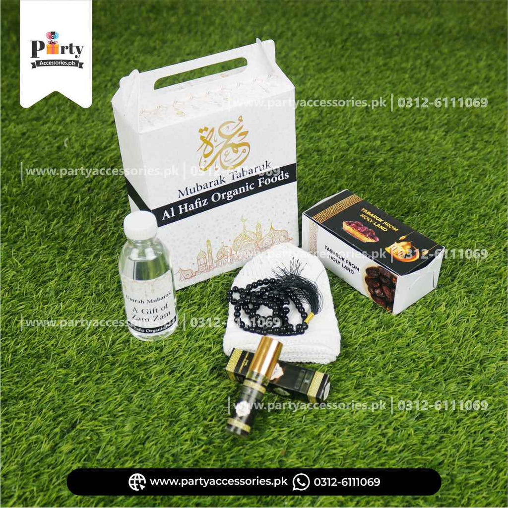 Customized Umrah Tabaruk Packaging | Umrah Giveaway Packaging in White | Pack of 6 sets