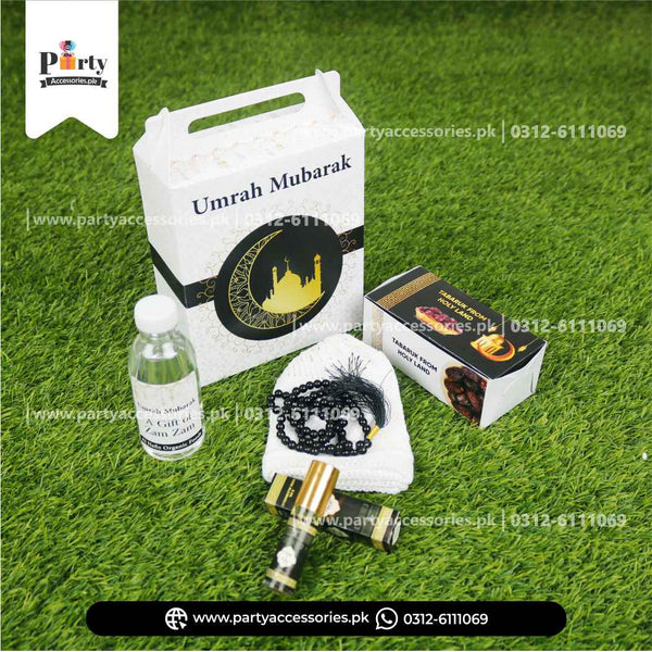 Customized Umrah Tabaruk Packaging | Umrah Giveaway Packaging in White | Pack of 6 sets