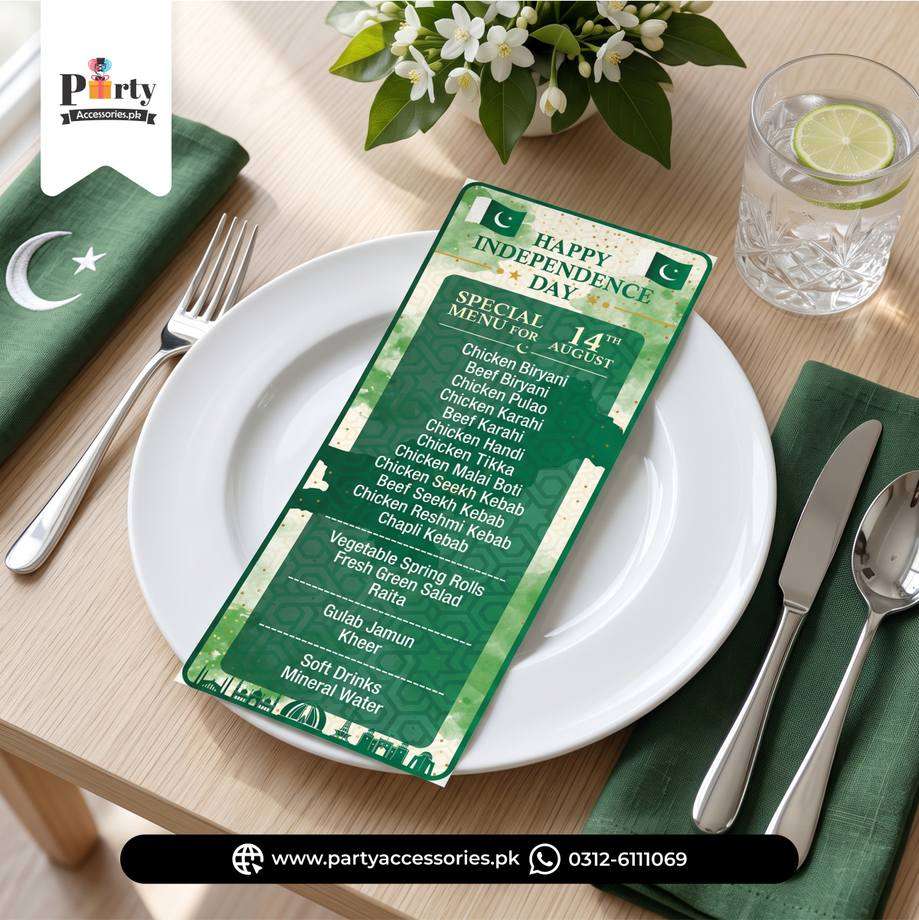 14 August Theme Customized Menu Cards – Pakistan Independence Day Table Decoration 