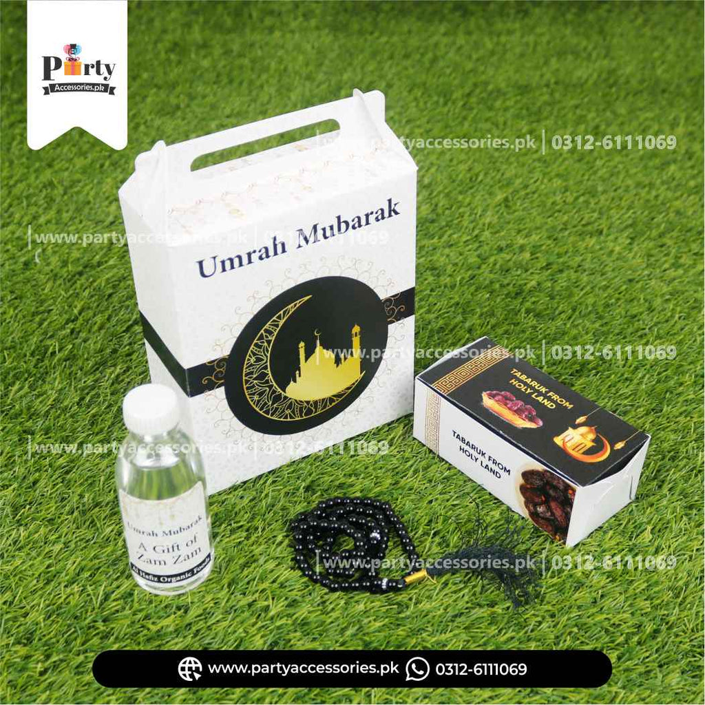 Customized Umrah Tabaruk Packaging | Umrah Giveaway Packaging in White | Pack of 6 sets