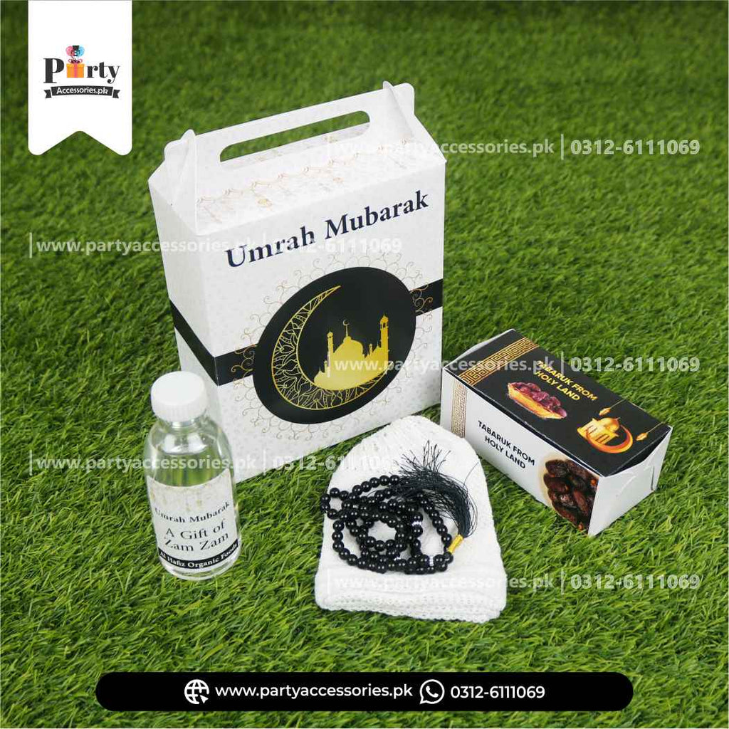 Customized Umrah Tabaruk Packaging | Umrah Giveaway Packaging in White | Pack of 6 sets