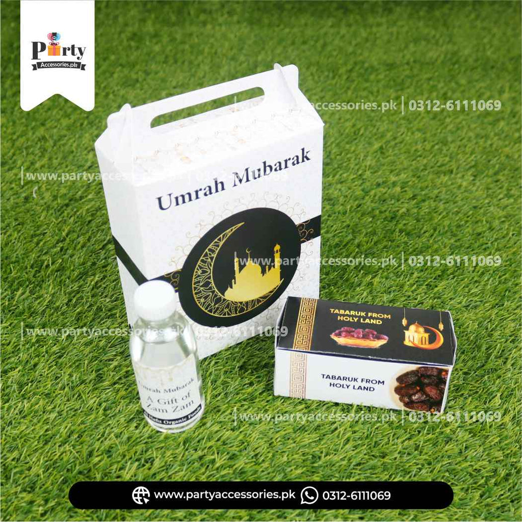 Customized Umrah Tabaruk Packaging | Umrah Giveaway Packaging in White | Pack of 6 sets