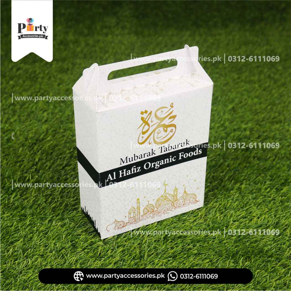 Customized Umrah Tabaruk Packaging | Umrah Giveaway Packaging in White | Pack of 6 sets