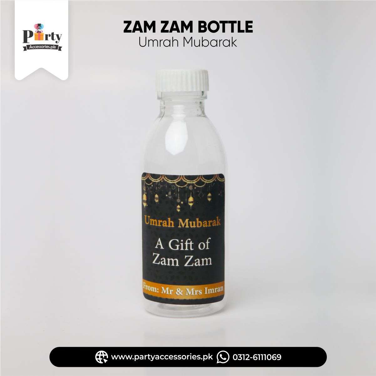 UMRAH MUBARAK ZAM ZAM BOTTLE WITH LABELS IN BLACK COLOR FOR TABARUK 