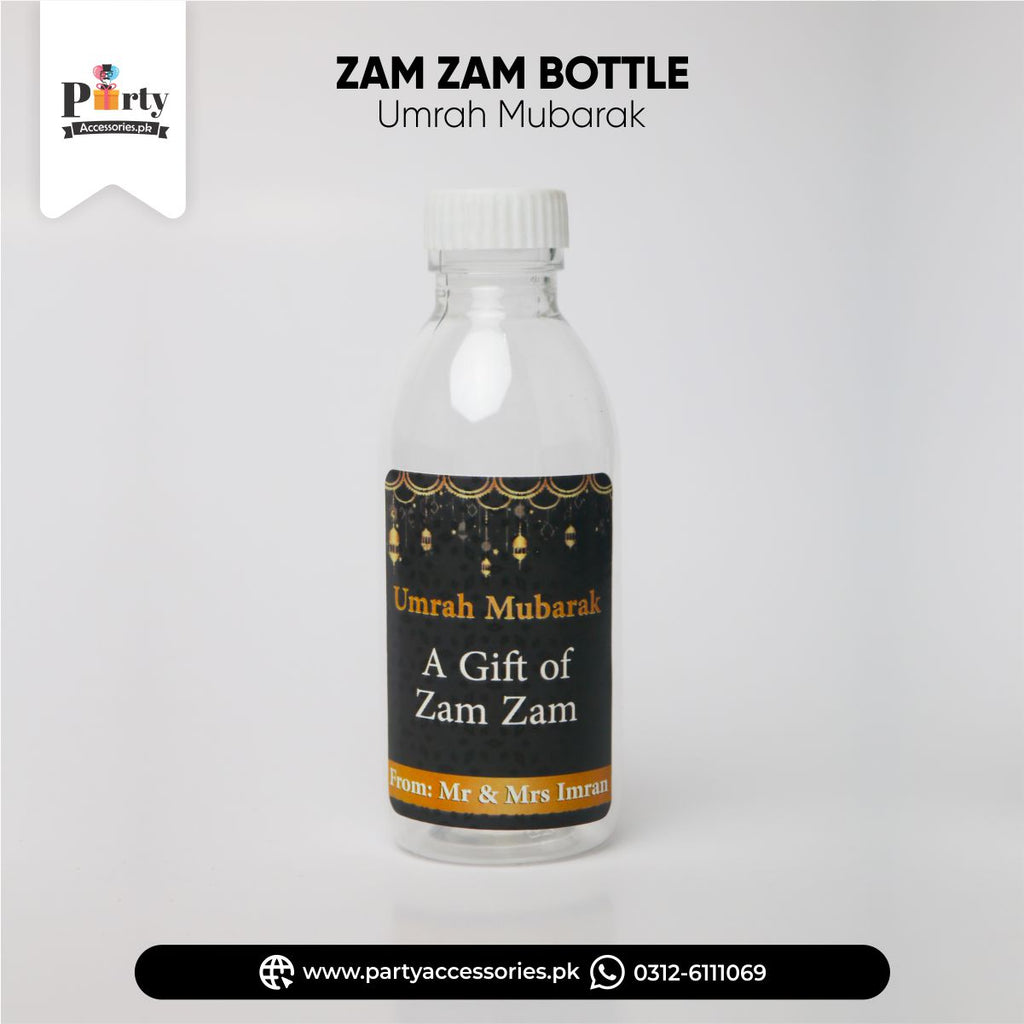 UMRAH MUBARAK ZAM ZAM BOTTLE WITH LABELS IN BLACK COLOR FOR TABARUK 