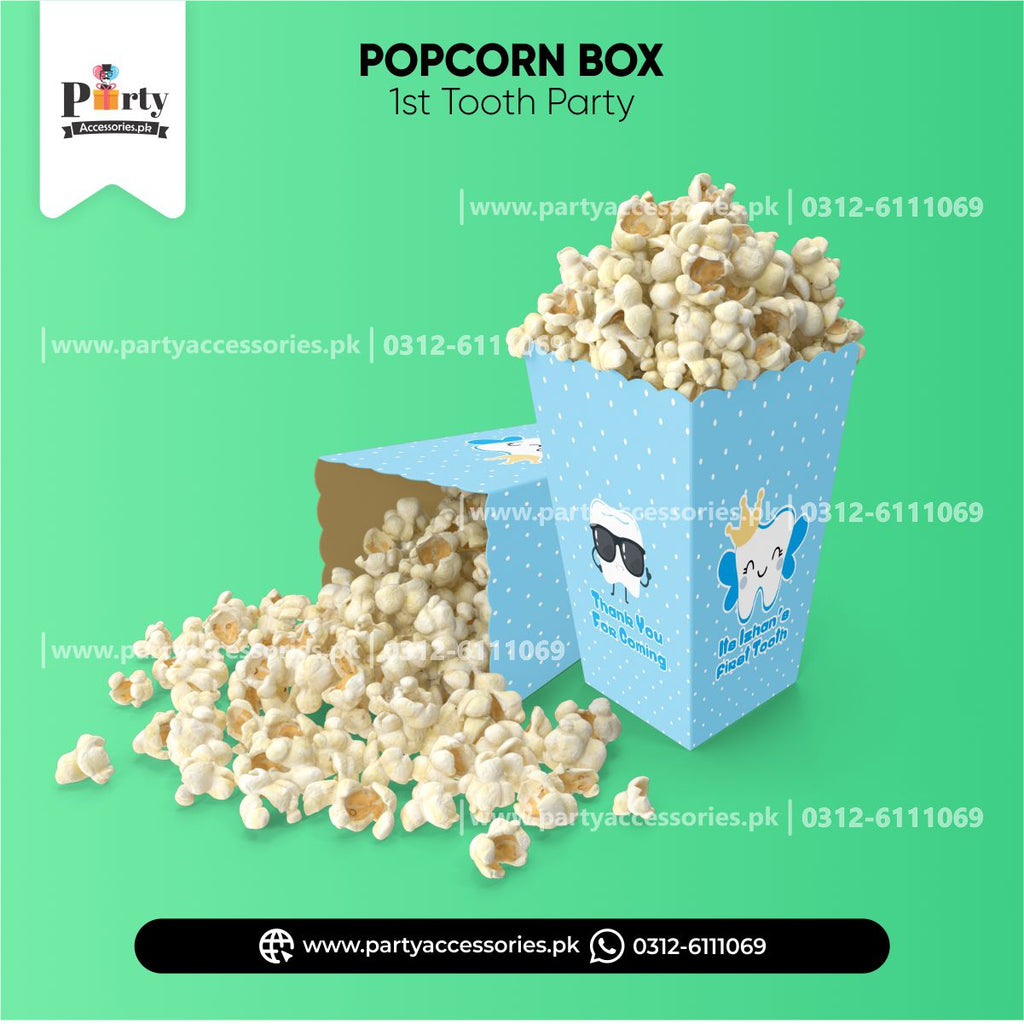 First tooth celebration ideas Popcorn holder boxes in blue 