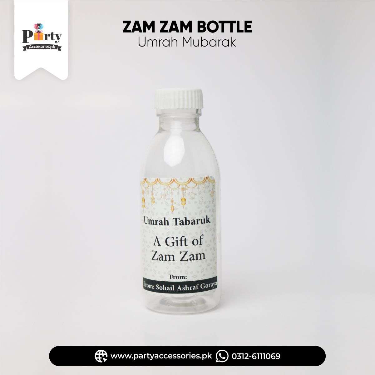 CUSTOMIZED UMRAH MUBARAK ZAM ZAM BOTTLE WITH LABELS IN WHITE COLOR FOR TABARUK