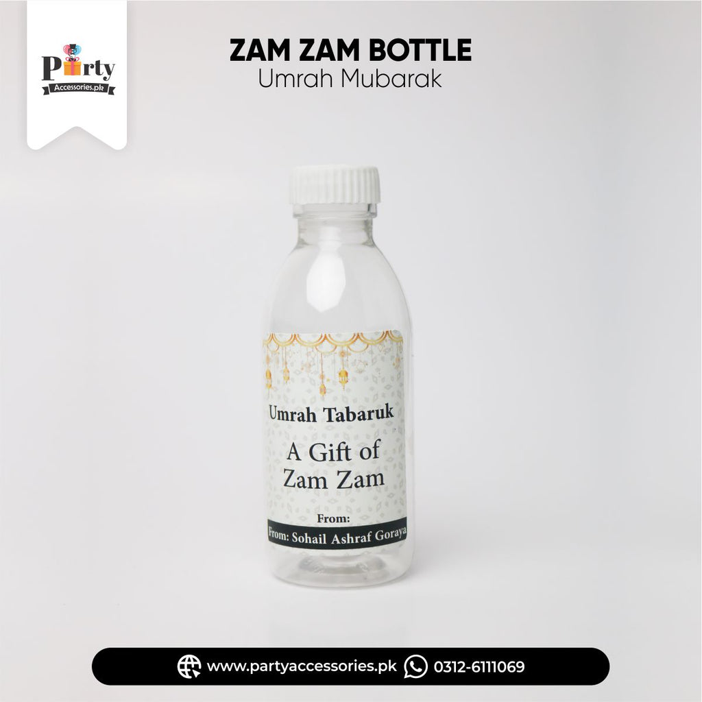 CUSTOMIZED UMRAH MUBARAK ZAM ZAM BOTTLE WITH LABELS IN WHITE COLOR FOR TABARUK