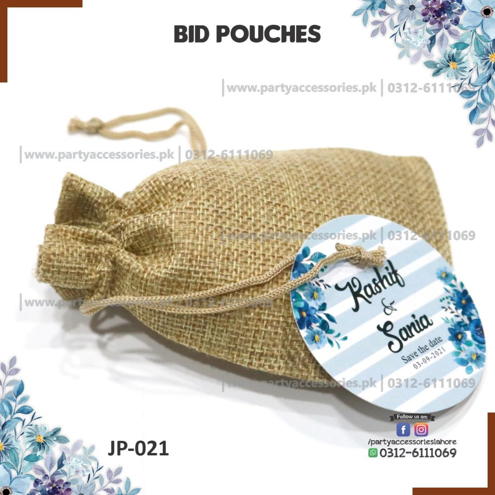 Nikkah Bid Boxes Jute bid pouches with customized tags floral