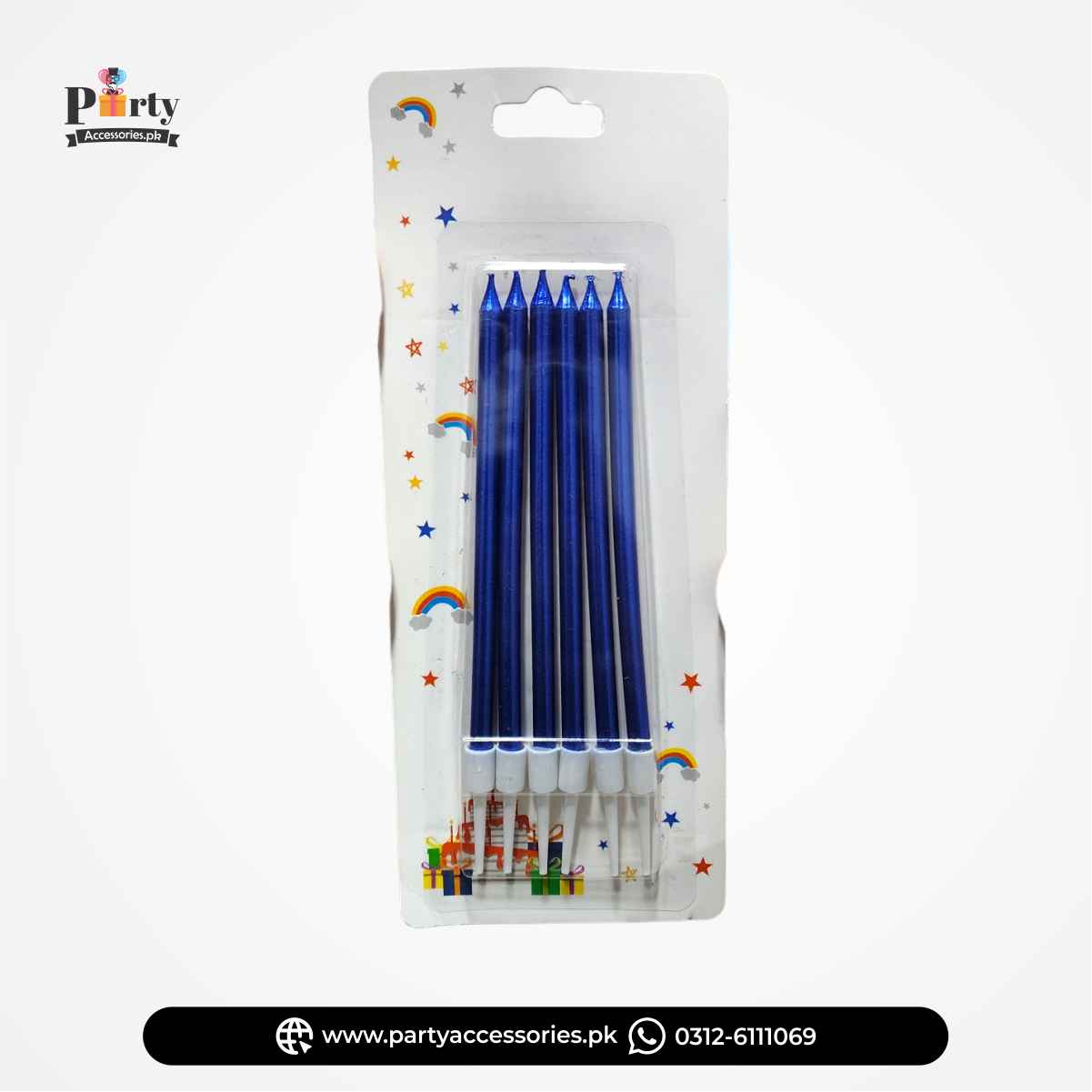 Chrome Finished Slim Long Candles in 6 Beautify Colors for Cakes Decoration | Pack of 6