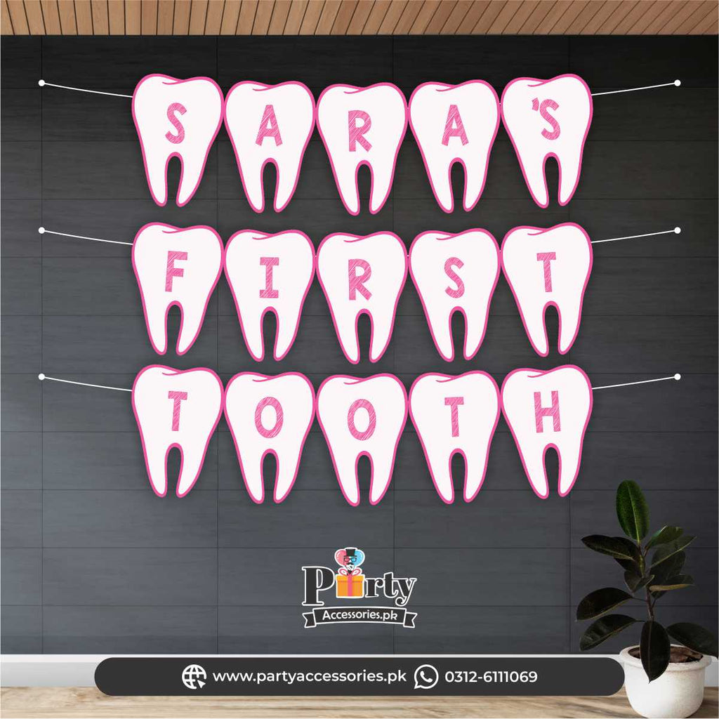 customized first tooth party banner for baby girl in pink | first tooth ideas