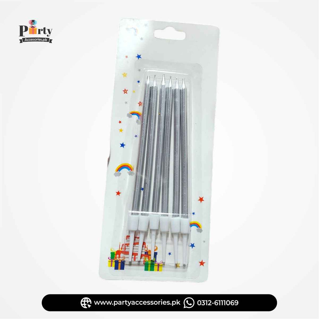 Chrome Finished Slim Long Candles in 6 Beautify Colors for Cakes Decoration | Pack of 6