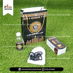 6 bags - 6 bottles - 6 date boxes - 6 tasbeeh - 6 caps