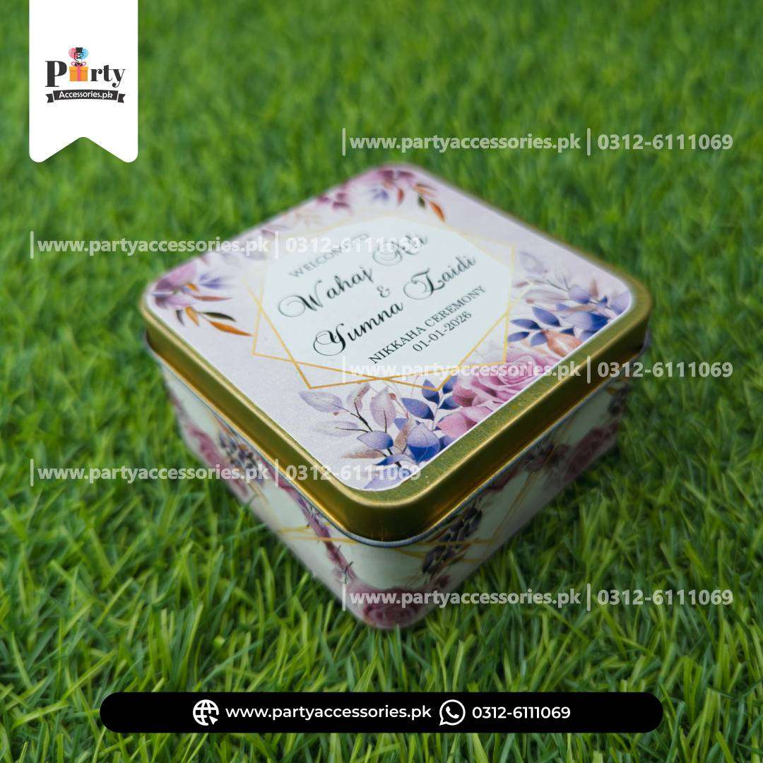 Customized Tin Boxes for Wedding Favors : Personalized Tin Bid Boxes with Names | Pack of 12