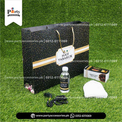 6 bags - 6 bottles - 6 date box - 6 tasbeeh - 6 caps