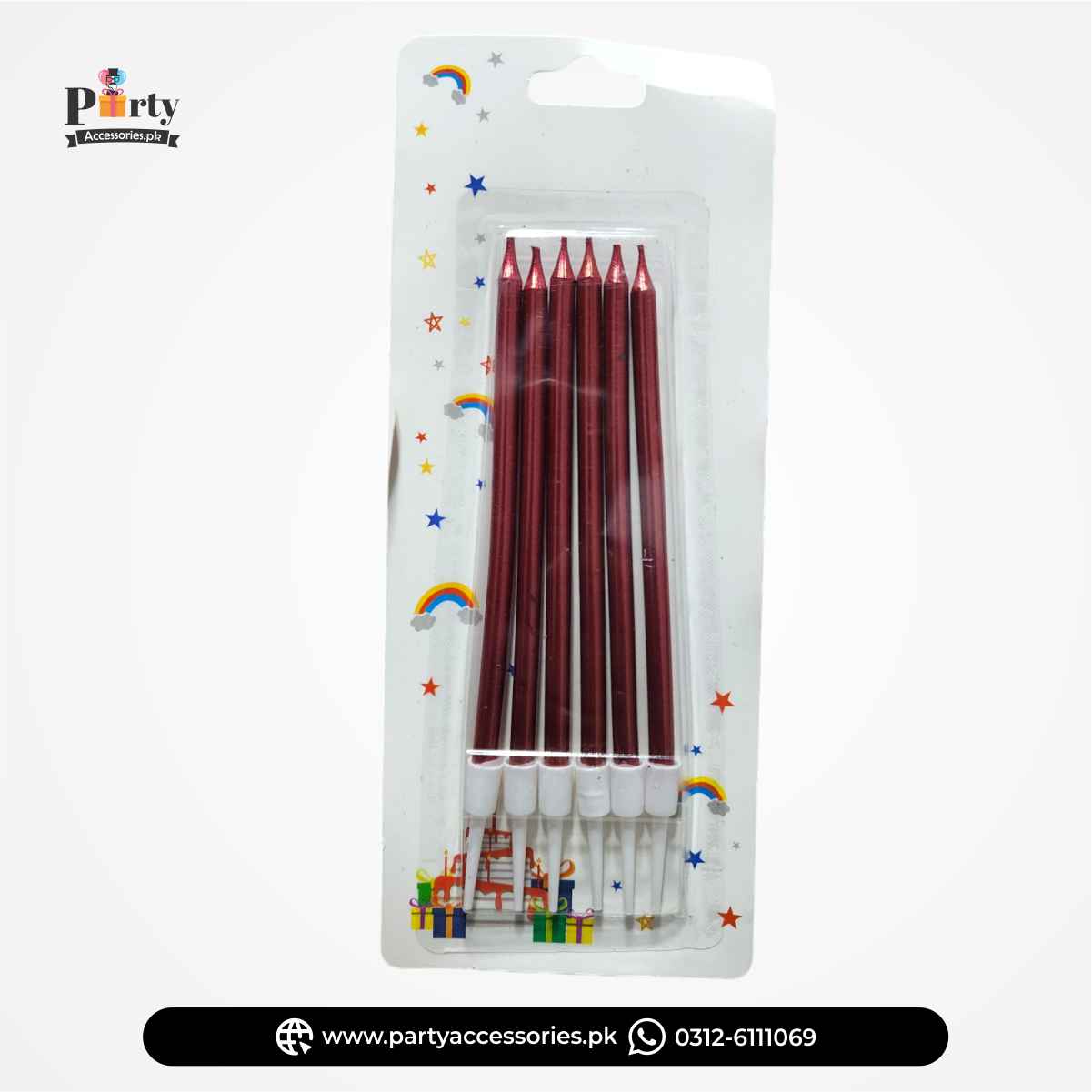 Chrome Finished Slim Long Candles in 6 Beautify Colors for Cakes Decoration | Pack of 6