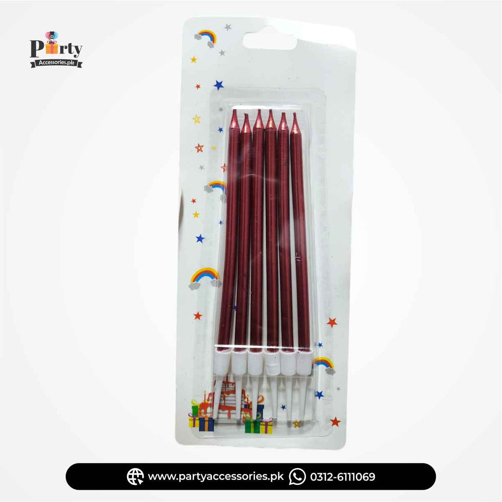 Chrome Finished Slim Long Candles in 6 Beautify Colors for Cakes Decoration | Pack of 6