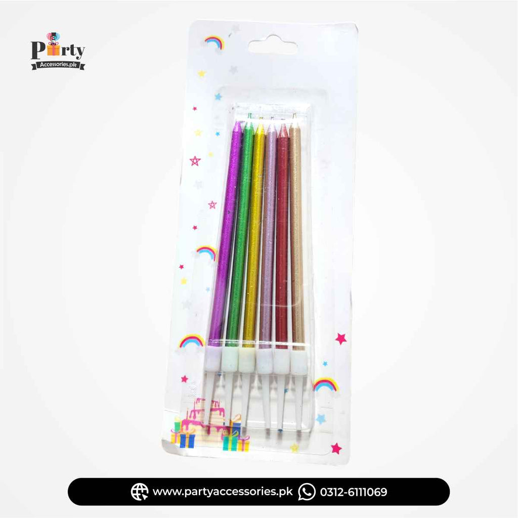 Chrome Finished Slim Long Candles in 6 Beautify Colors for Cakes Decoration | Pack of 6