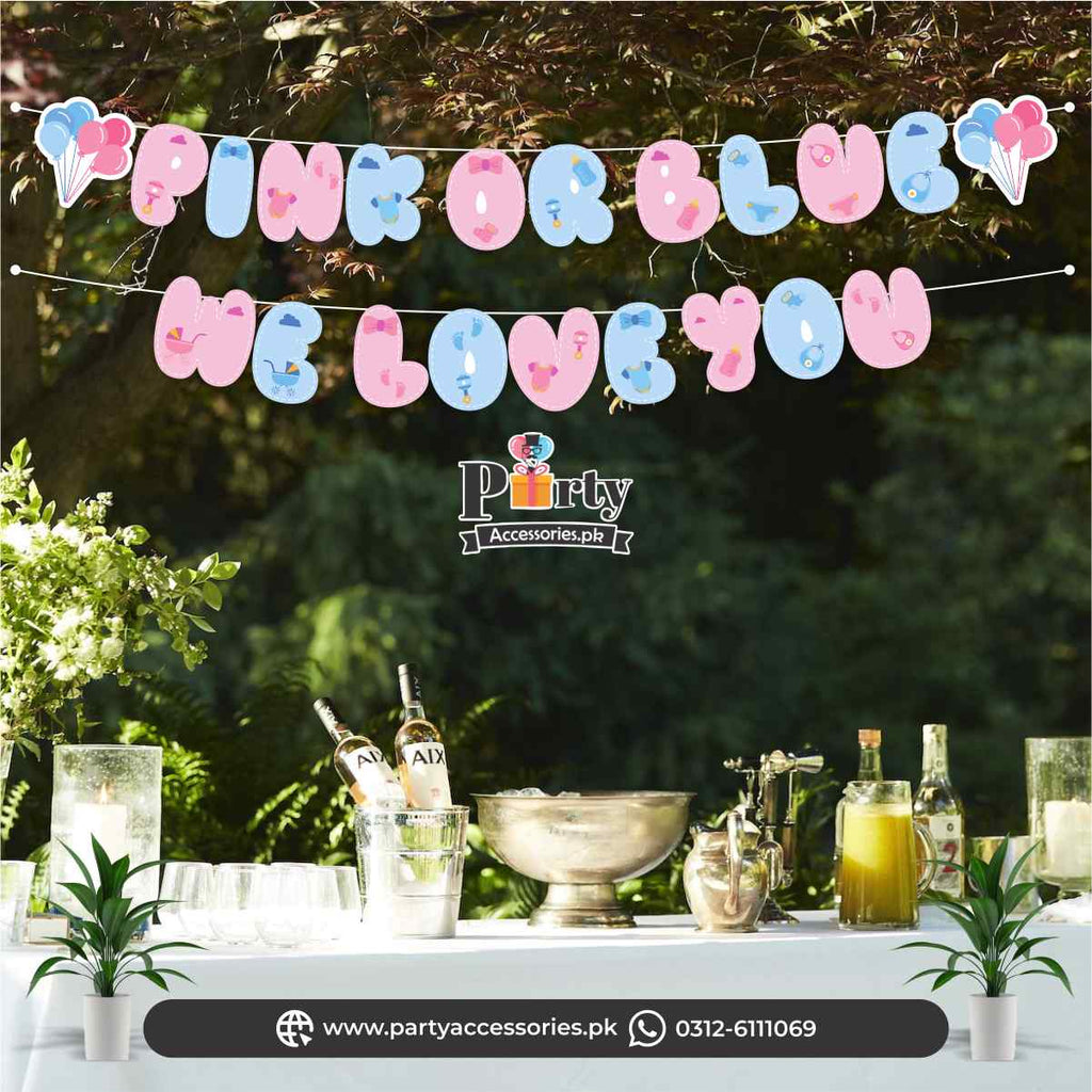 pink or blue we love you gender reveal decoration banner