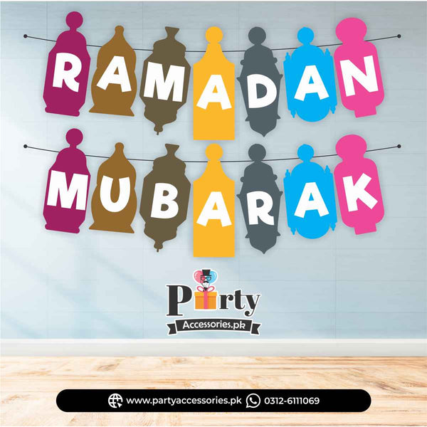 Ramadan Mubarak Wall bunting banner multi colored cutouts