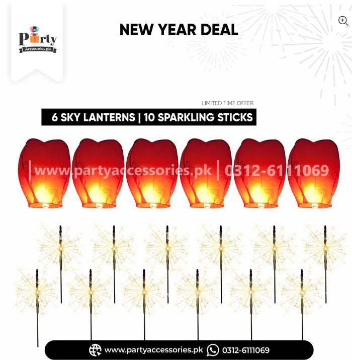 New year Party celebrations bundle offers | pack of 6 sky lanterns with 12 sparkling sticks