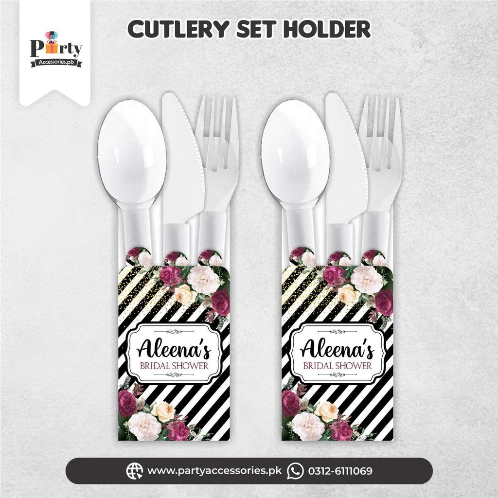 bridal shower cutlery set with holder in black floral 