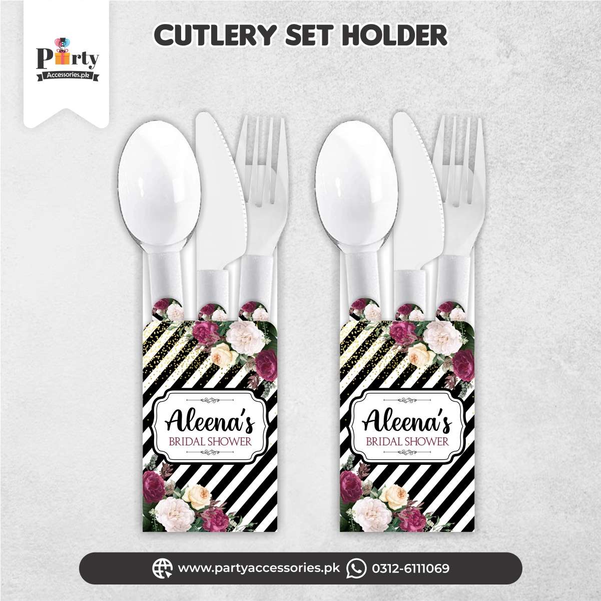 bridal shower cutlery set with holder in black floral 