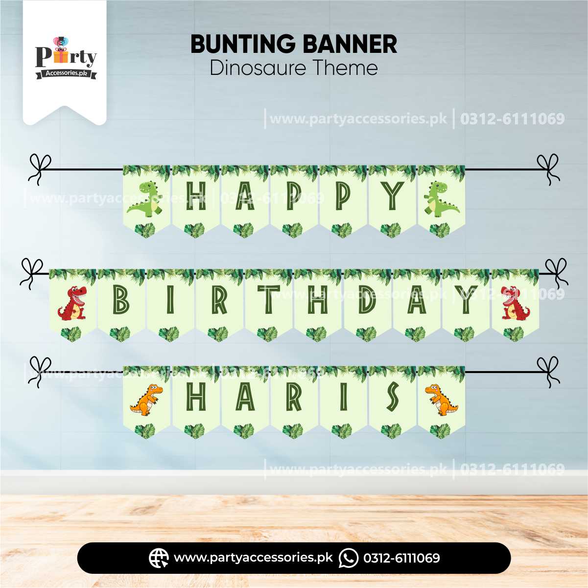 customized bunting banner for wall decorations in t rex theme birthday party 