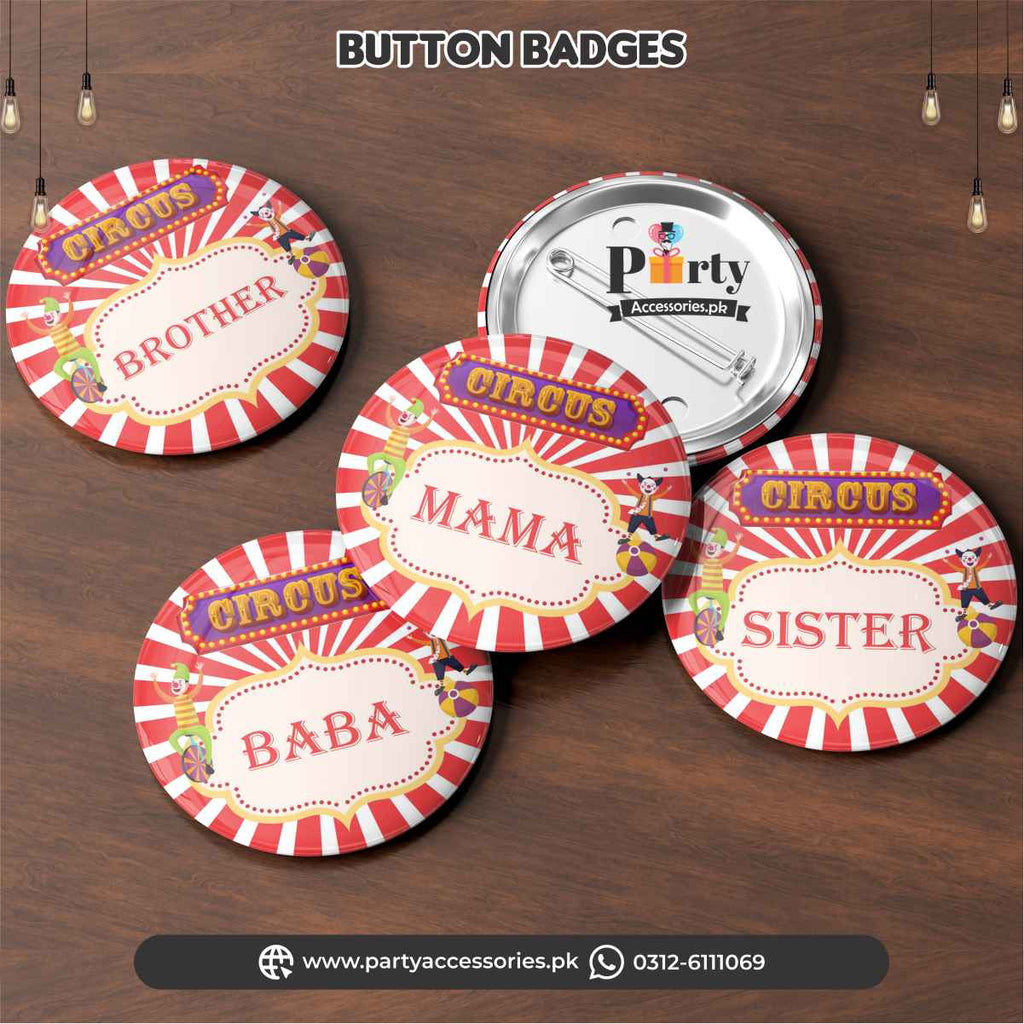 Carnival circus theme birthday party customized badges (pack of 6)