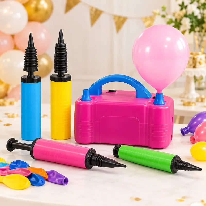 Electric and manual balloon pumps displayed with latex balloons and inflation nozzles.
