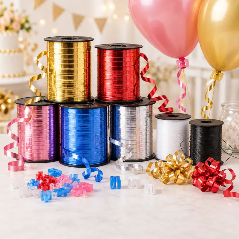 Colorful curling ribbons, balloon threads and plastic balloon sliders arranged for party decorating.