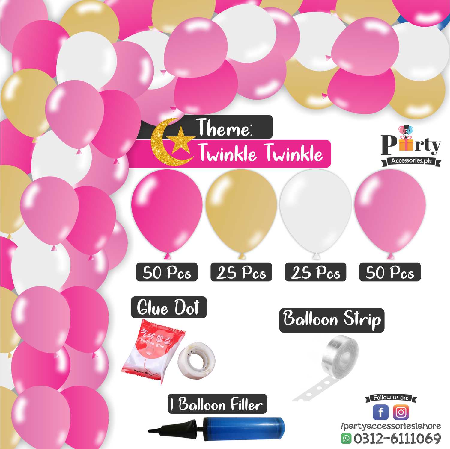 Balloon Arch Set Garland kit 150 balloons in Twinkle twinkle theme colors for girls pink and golden