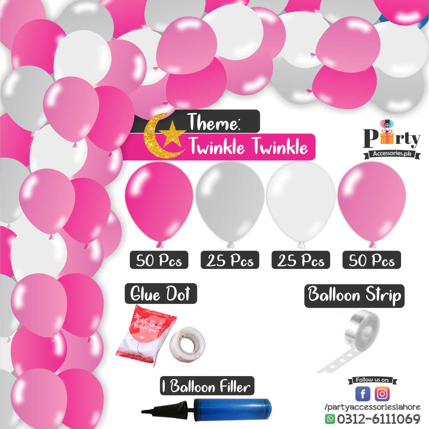 Balloon Arch Set Garland kit 150 balloons in Twinkle twinkle theme colors for girls pink and silver