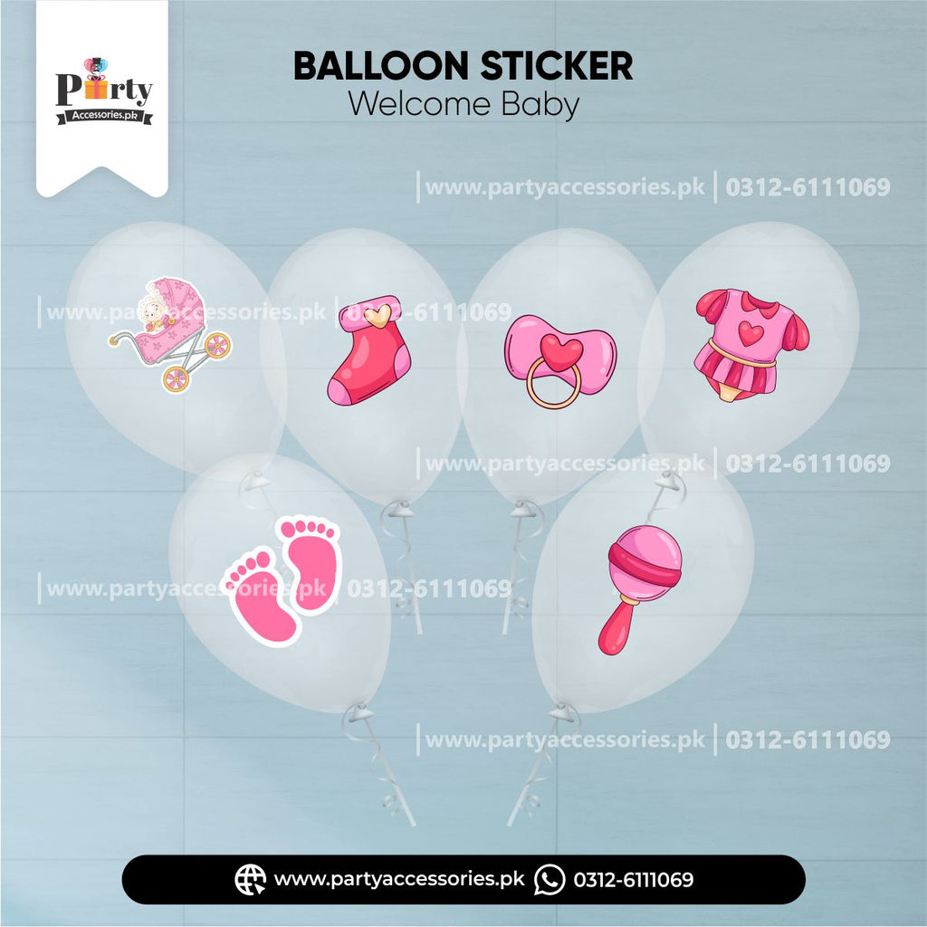 Welcome baby deocration ideas | Transparent balloons with stickers in pink for girl celebration ideas 