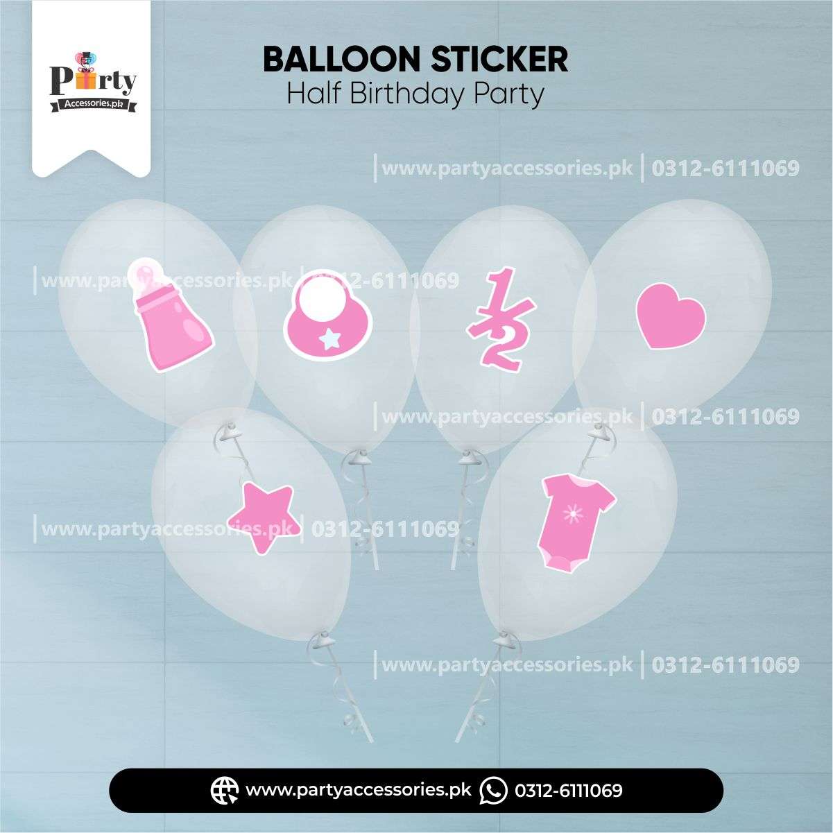 half birthday theme transparent balloons wiith stickers in pink 