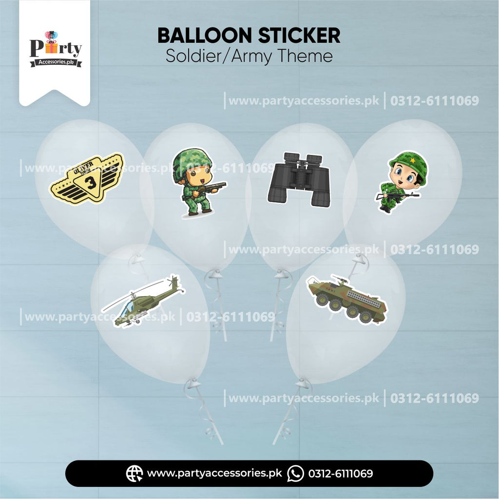 soldier army theme balloons and stickers