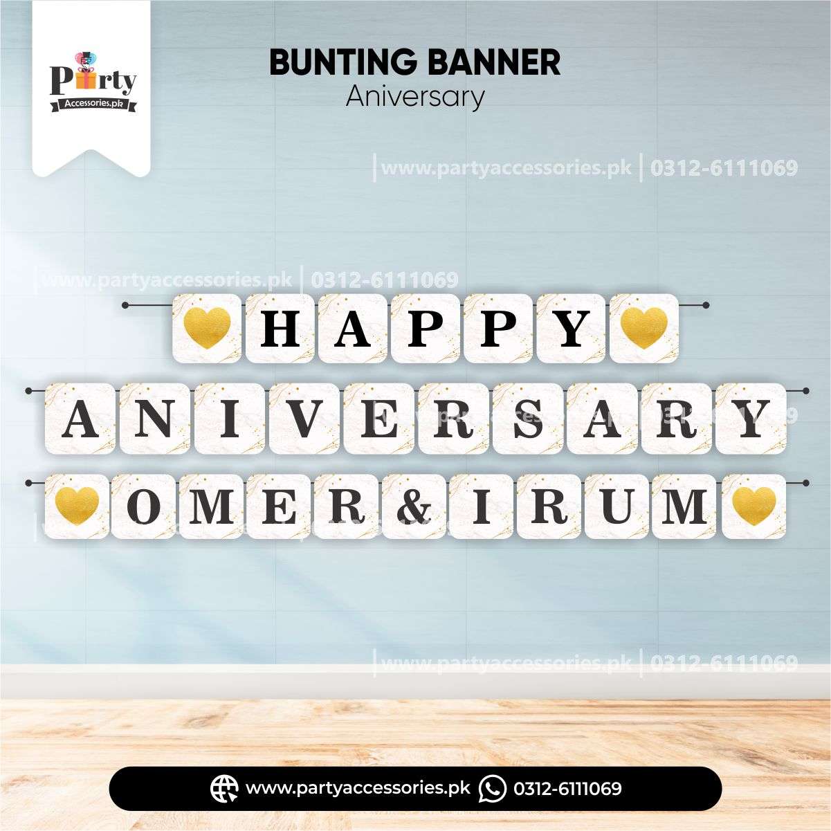 customized happy anniversary banner with names in white color