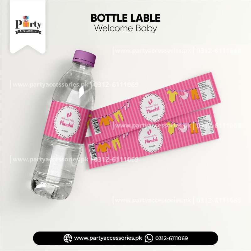 Welcome baby decoration ideas | Customized bottle label wraps in pink