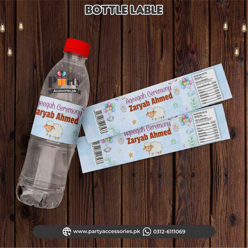 Aqeeqah ceremony ideas | bottle label wraps for Boy aqiqah party