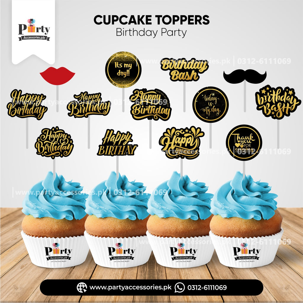 HAPPY BIRTHDAY BLACK CUPCAKE TOPPERS 