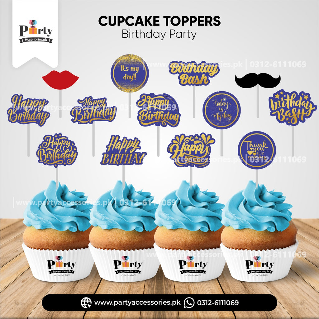 HAPPY BIRTHDAY BLUE CUPCAKE TOPPERS 